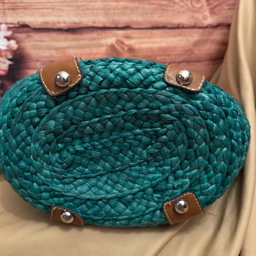 St. John’s Bay Audrina Straw Tote Emerald Green Rope Handle Beach Bag